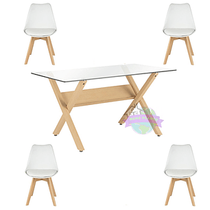 Comedor Visby rectangular vidrio 140x80 cm con 4 Sillas Tulip