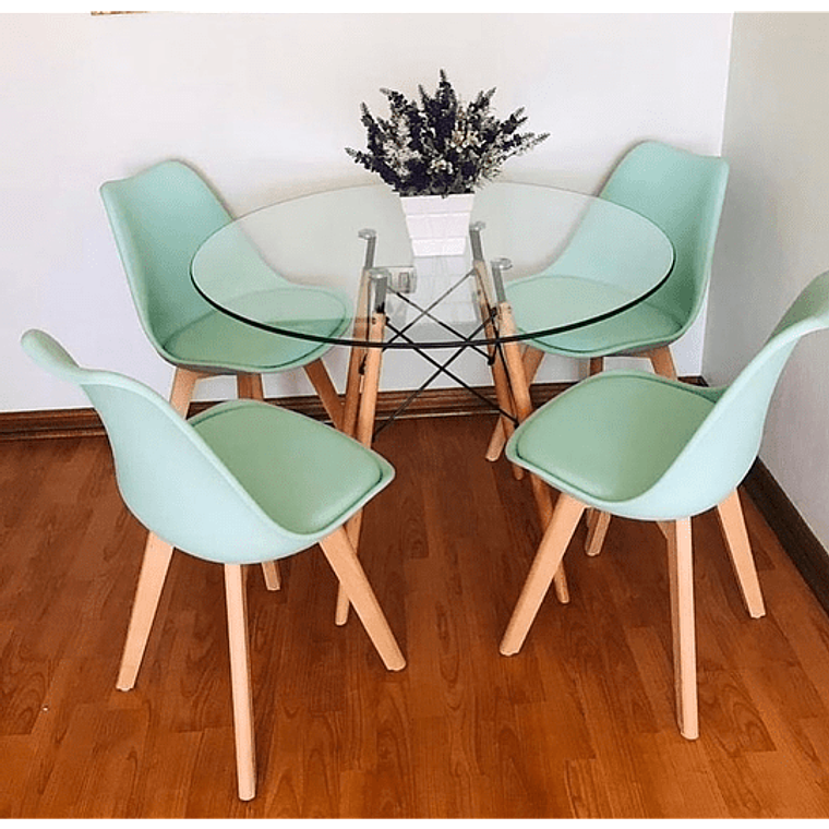 Comedor América redondo vidrio 100 cm y 4 Sillas Tulip 2