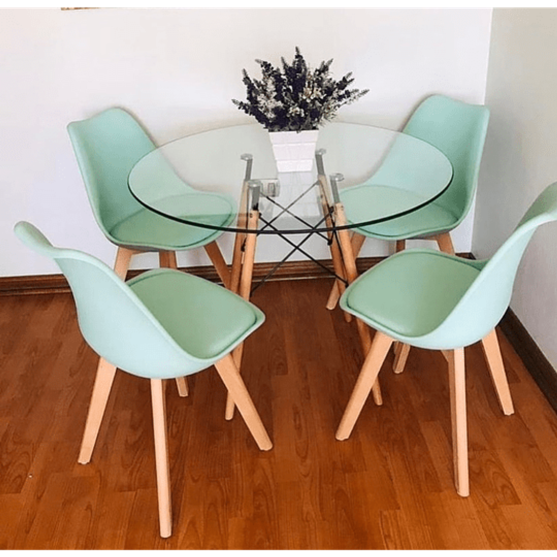 Comedor América redondo vidrio 80 cm y 4 Sillas Tulip 7