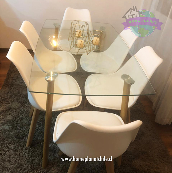 Comedor Mesa Bled rectangular vidrio 140x80 cm con 6 Sillas Tulip