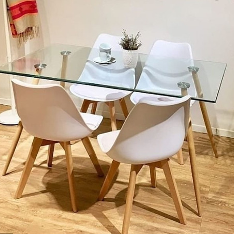 Comedor Bangkok rectangular vidrio 120x80 cm y 4 Sillas Tulip 2