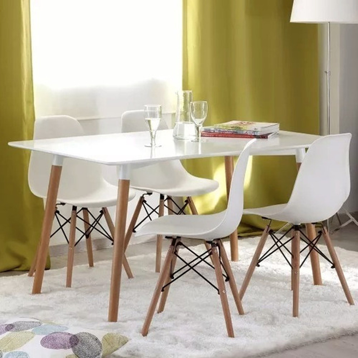 Comedor Helsinki rectangular blanco con 4 Sillas Eames 2