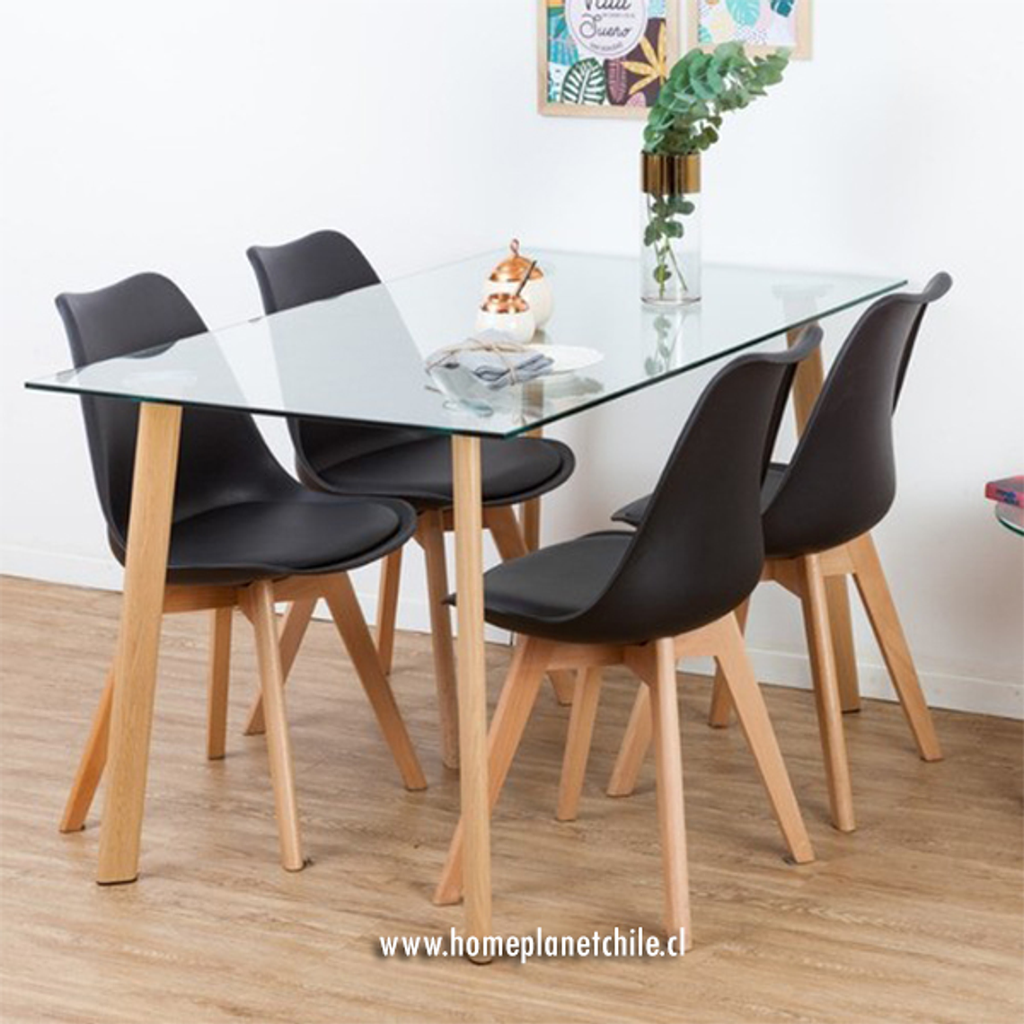 Comedor Bled rectangular vidrio 140x80 cm con 4 Sillas Tulip 4