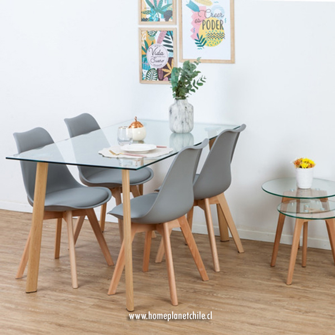 Comedor Bled rectangular vidrio 140x80 cm con 4 Sillas Tulip 6