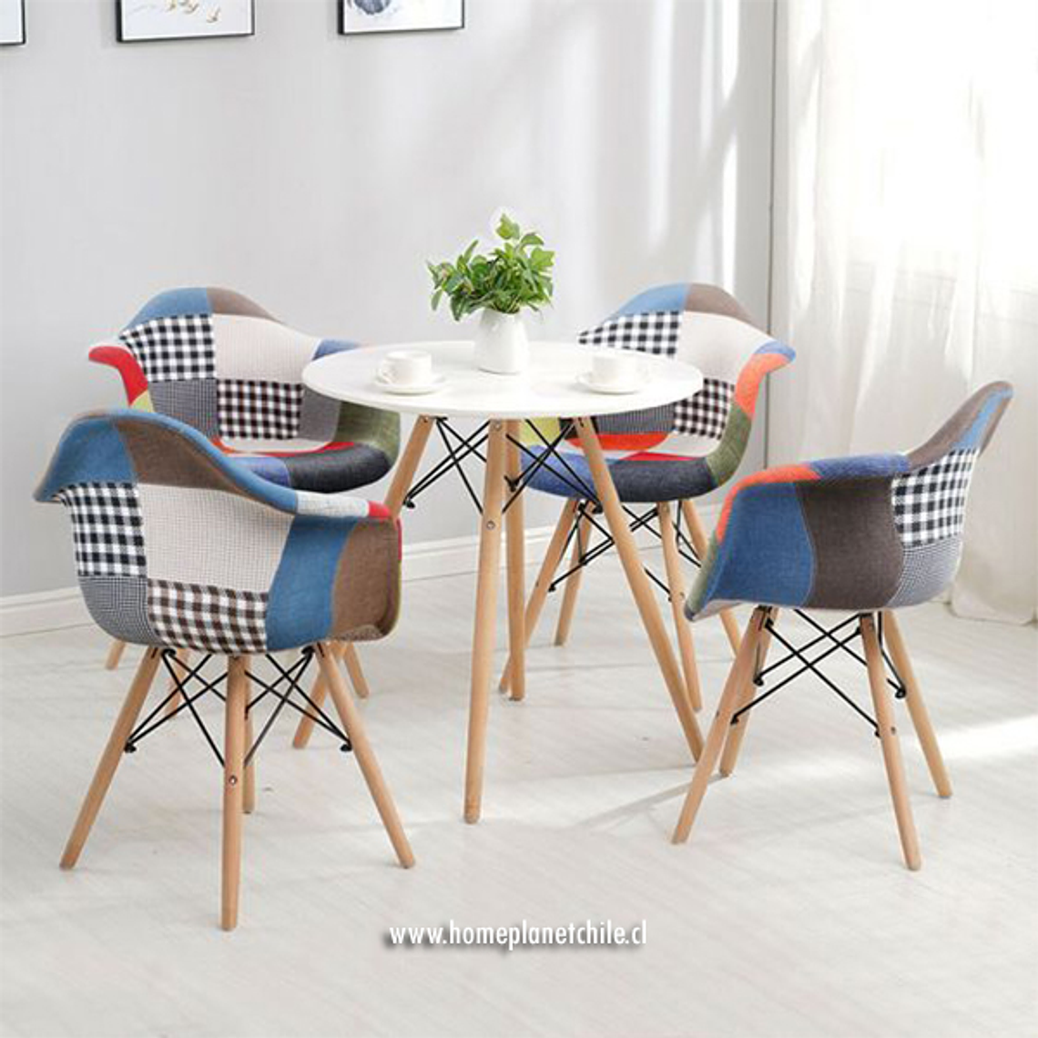 Comedor Dallas redondo blanco 80 cm con 4 Butacas Patchwork 1