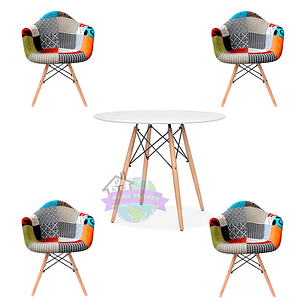 Comedor Dallas redondo blanco 80 cm con 4 Butacas Patchwork