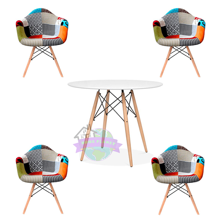 Comedor Dallas redondo blanco 80 cm con 4 Butacas Patchwork 2