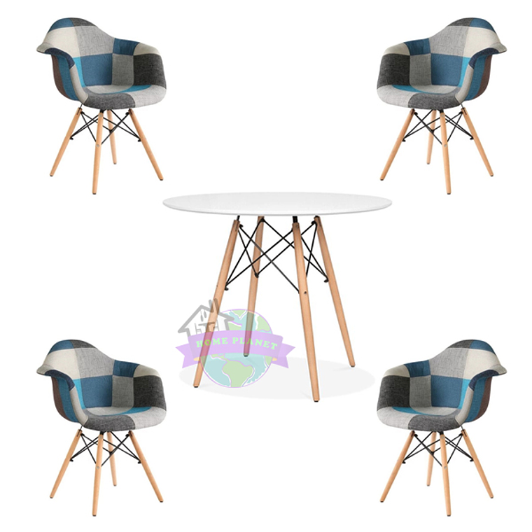 Comedor Dallas redondo blanco 80 cm con 4 Butacas Patchwork 3