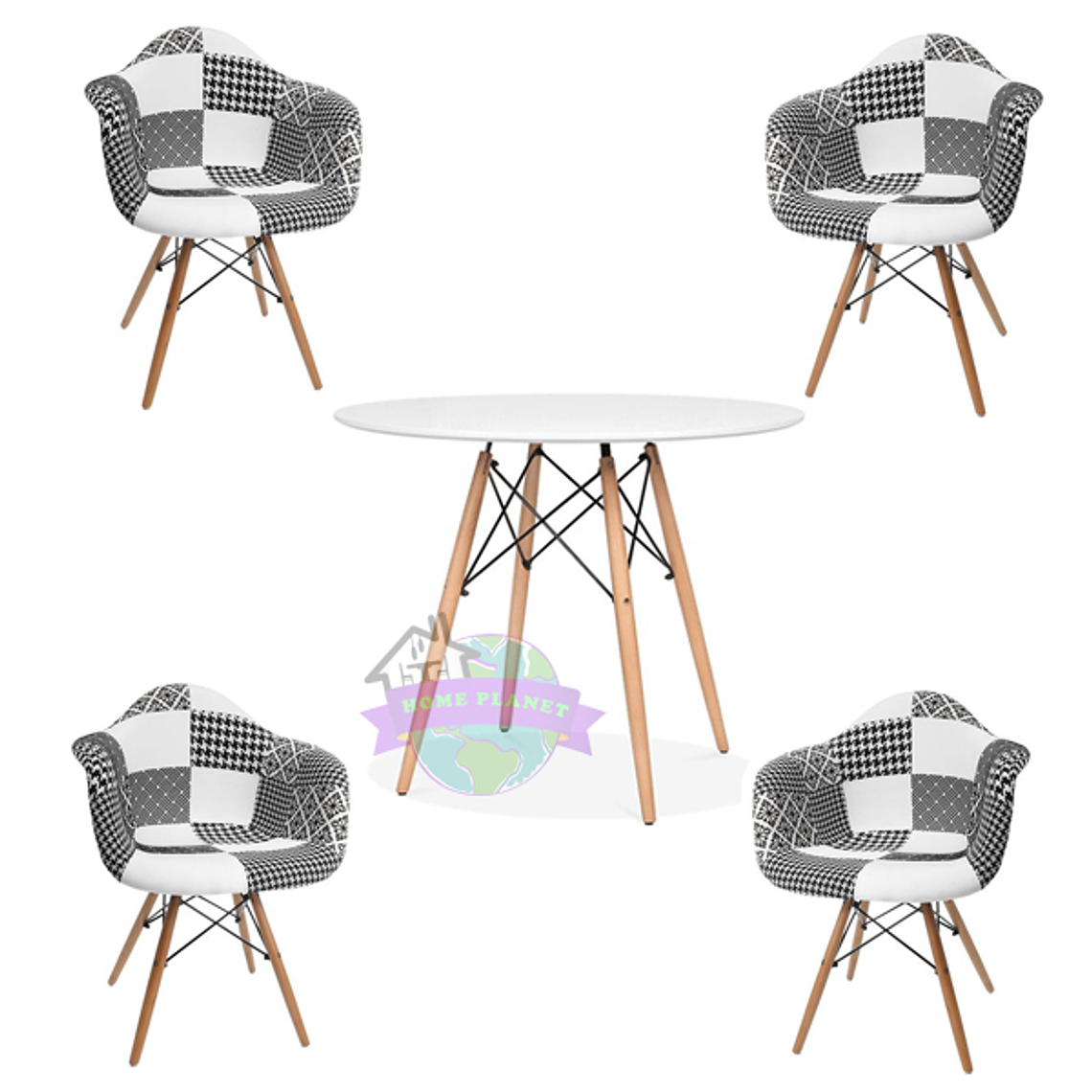 Comedor Dallas redondo blanco 80 cm con 4 Butacas Patchwork 4