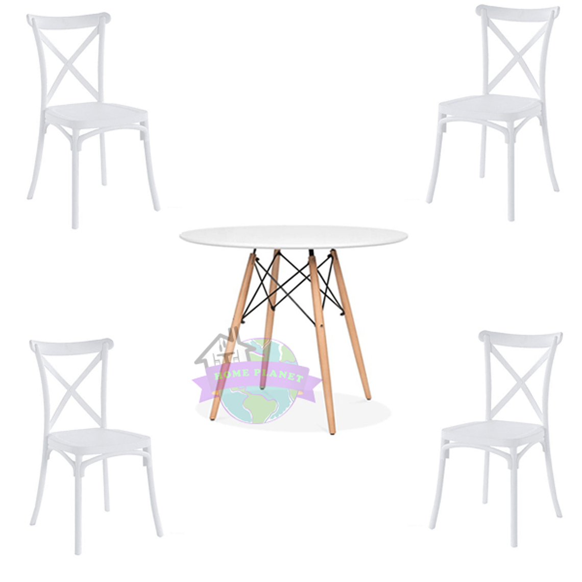 Comedor Marsella redondo blanco 80 cm con 4 Sillas Danubio 2