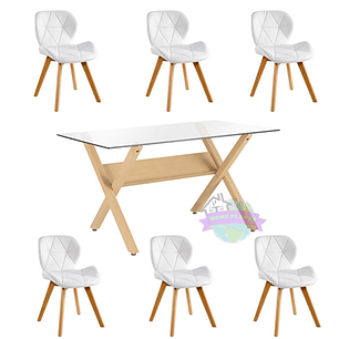 Comedor Milán rectangular vidrio 140x80 cm con 6 Sillas Rubik tulip