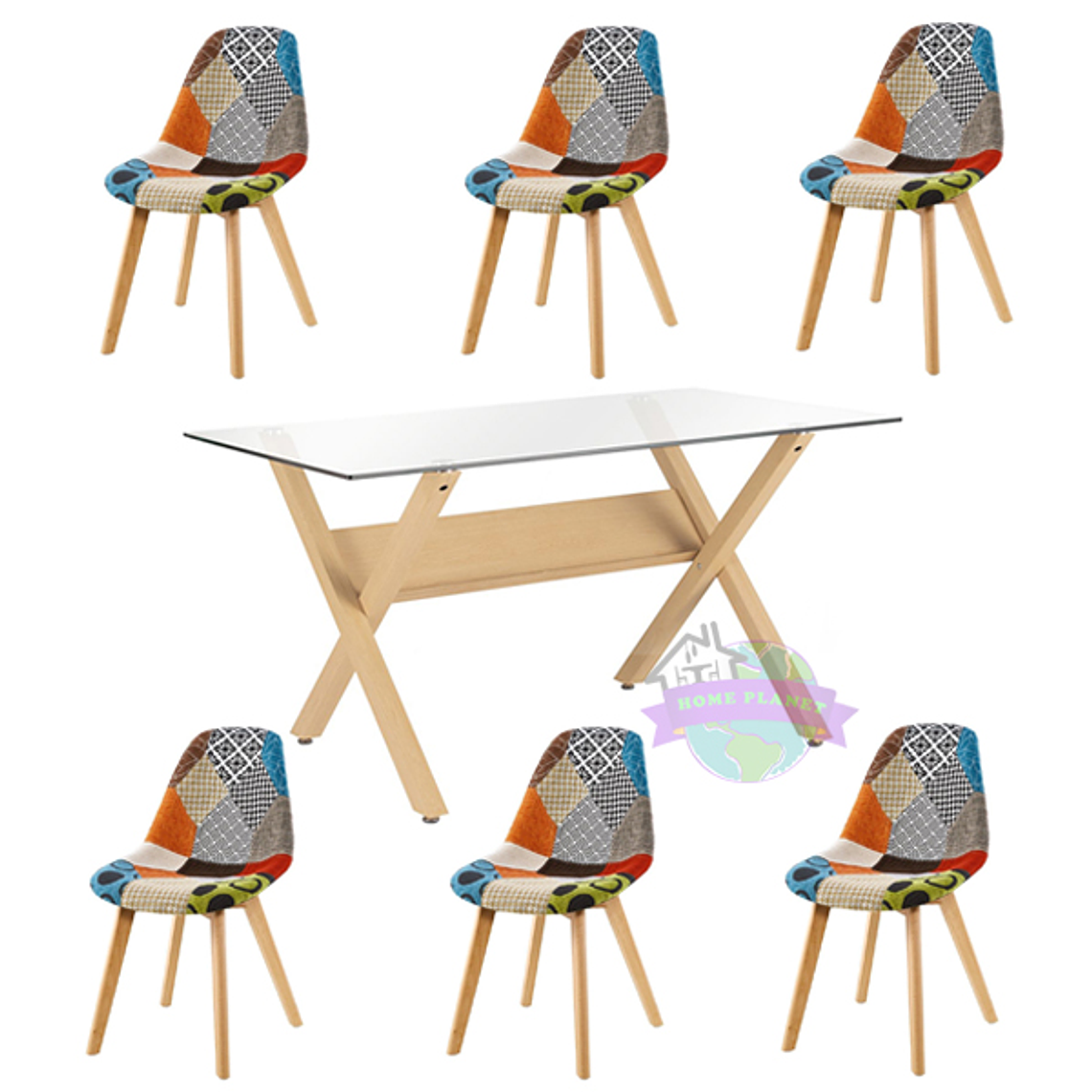 Comedor Roma rectangular vidrio 140x80 cm con 6 Sillas Patchwork 2.0 1