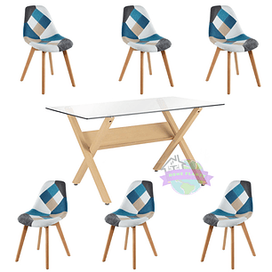 Comedor Roma rectangular vidrio 140x80 cm con 6 Sillas Patchwork 2.0