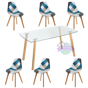 Comedor Varsovia rectangular vidrio 140x80 cm con 6 Sillas Patchwork 2.0