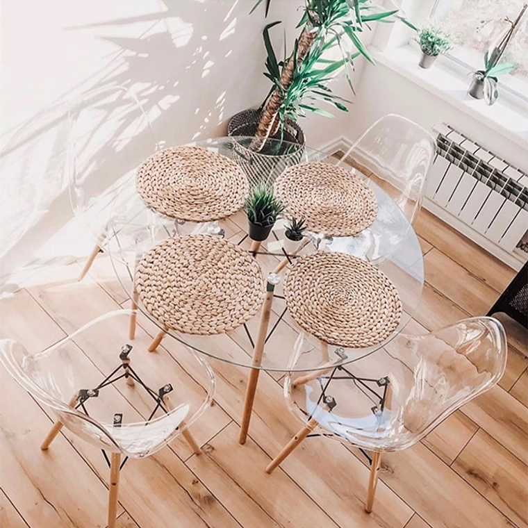 Comedor Napoles redondo vidrio 100 cm con 4 Sillas Eames transparentes 1