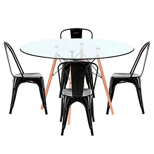 Comedor Kansas redondo vidrio 100 cm con 4 Sillas Tolix