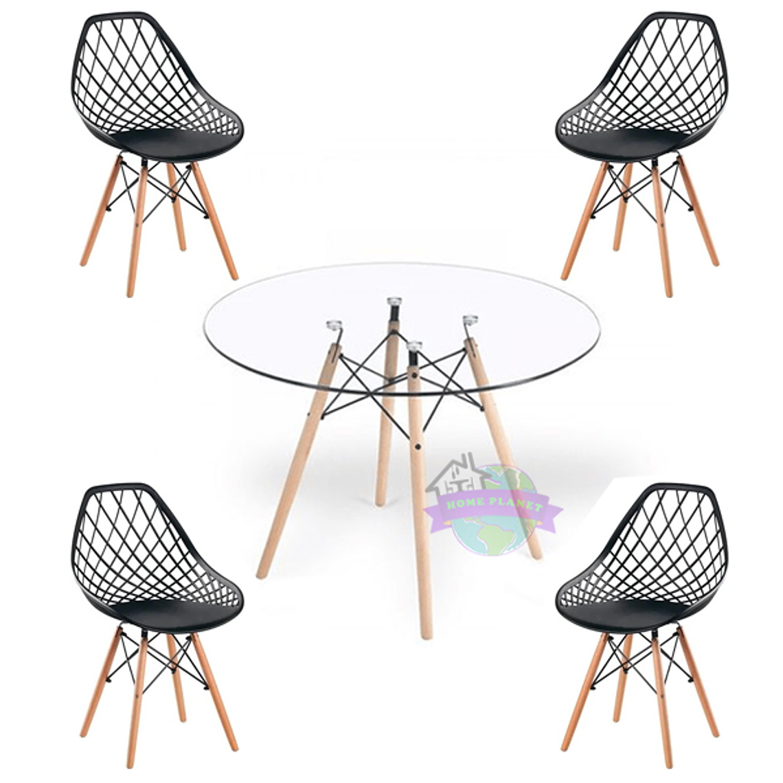 Comedor Palermo redondo vidrio 100 cm con 4 Sillas Mesh 1