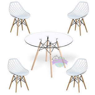 Comedor Palermo redondo vidrio 100 cm con 4 Sillas Mesh