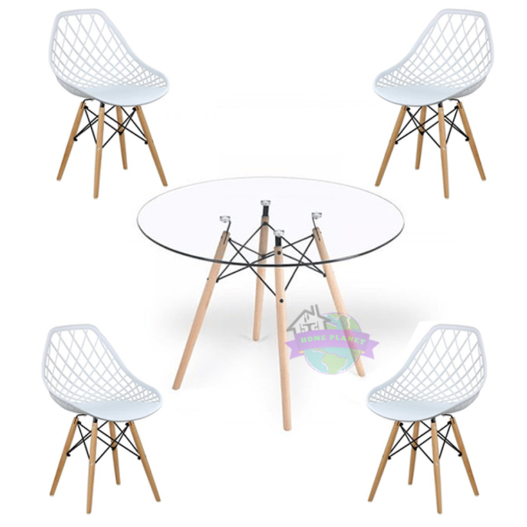 Comedor Palermo redondo vidrio 100 cm con 4 Sillas Mesh 2