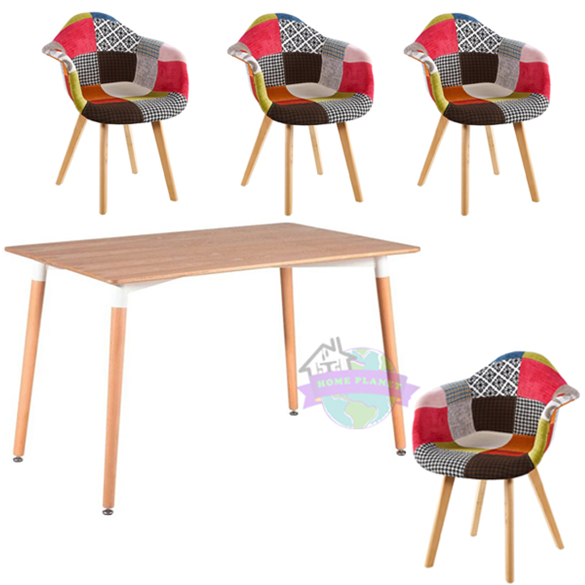 Comedor Macao rectangular color madera y 4 Butacas Patchwork 2.0 3