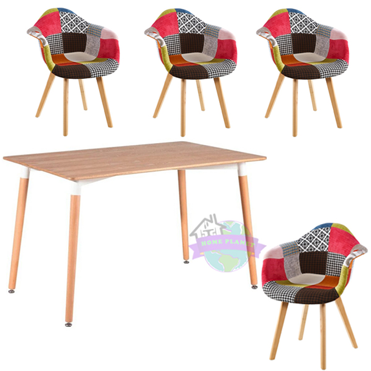 Comedor Macao rectangular color madera y 4 Butacas Patchwork 2.0 3