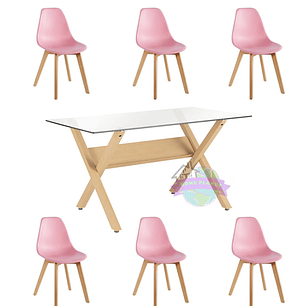 Comedor Alejandría rectangular vidrio 140x80 cm con 6 Sillas Eames 2.0