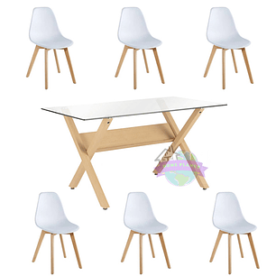 Comedor Alejandría rectangular vidrio 140x80 cm con 6 Sillas Eames 2.0
