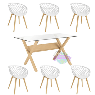 Comedor Graz rectangular vidrio 140x80 cm con 6 Butacas Mesh