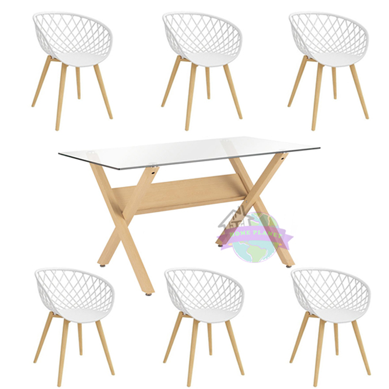 Comedor Graz rectangular vidrio 140x80 cm con 6 Butacas Mesh 1