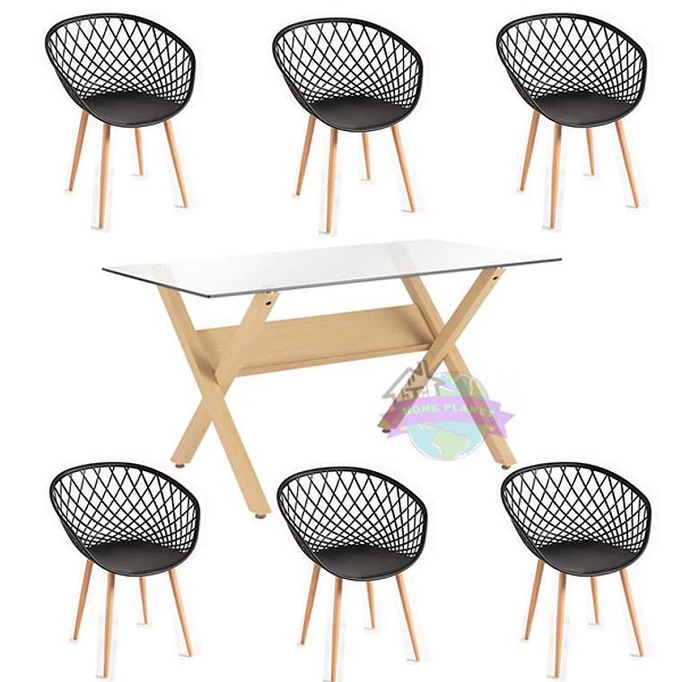 Comedor Graz rectangular vidrio 140x80 cm con 6 Butacas Mesh 2