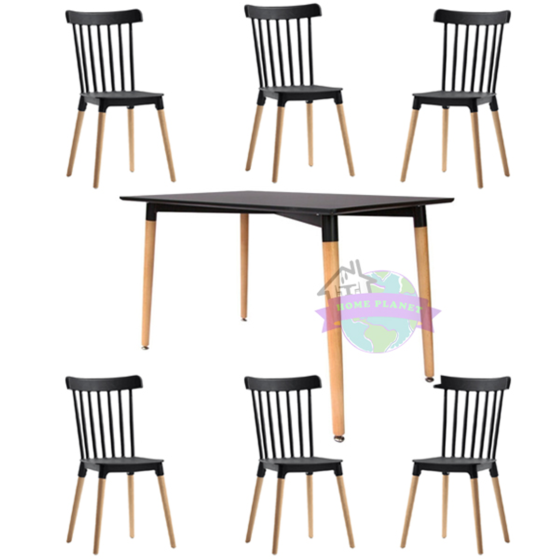 Comedor Capri rectangular negro 120x80 cm con 6 Sillas Windsor 2