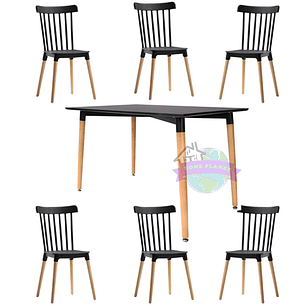 Comedor Capri rectangular negro 120x80 cm con 6 Sillas Windsor