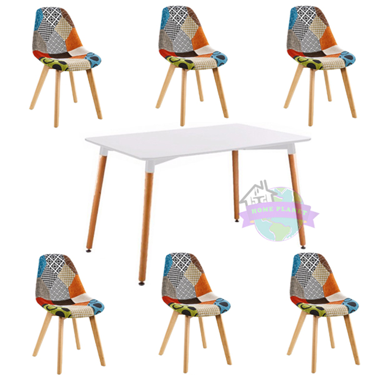 Comedor Bremen rectangular blanco con 6 Sillas Patchwork 2.0 1