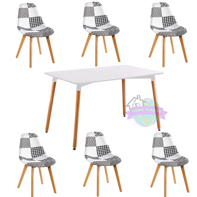 Comedor Bremen rectangular blanco con 6 Sillas Patchwork 2.0 3