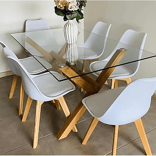 Comedor Estocolmo rectangular vidrio 140x80 cm con 6 Sillas Tulip