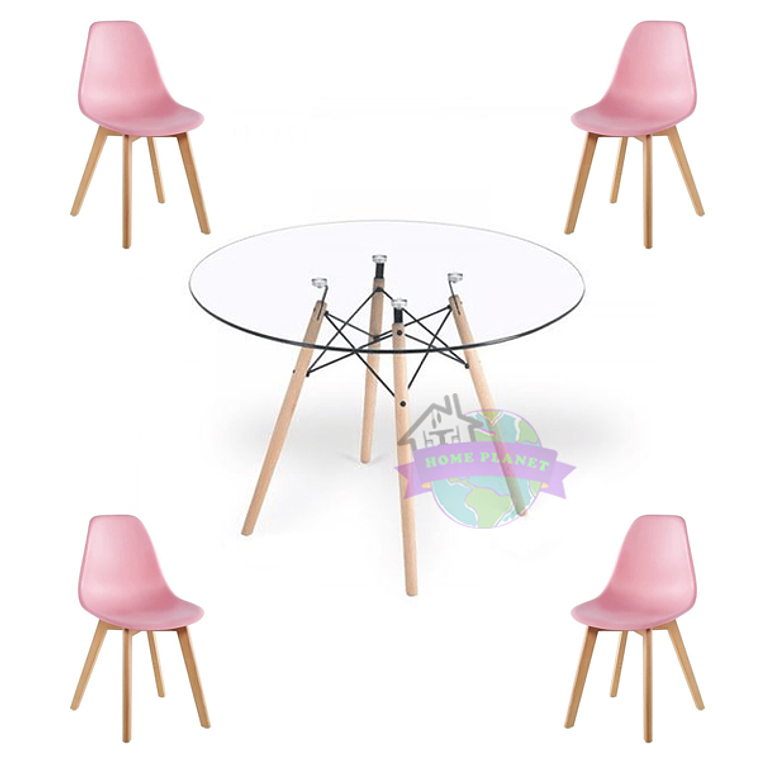 Comedor Roterdam redondo vidrio 100 cm con 4 Sillas Eames 2.0 2
