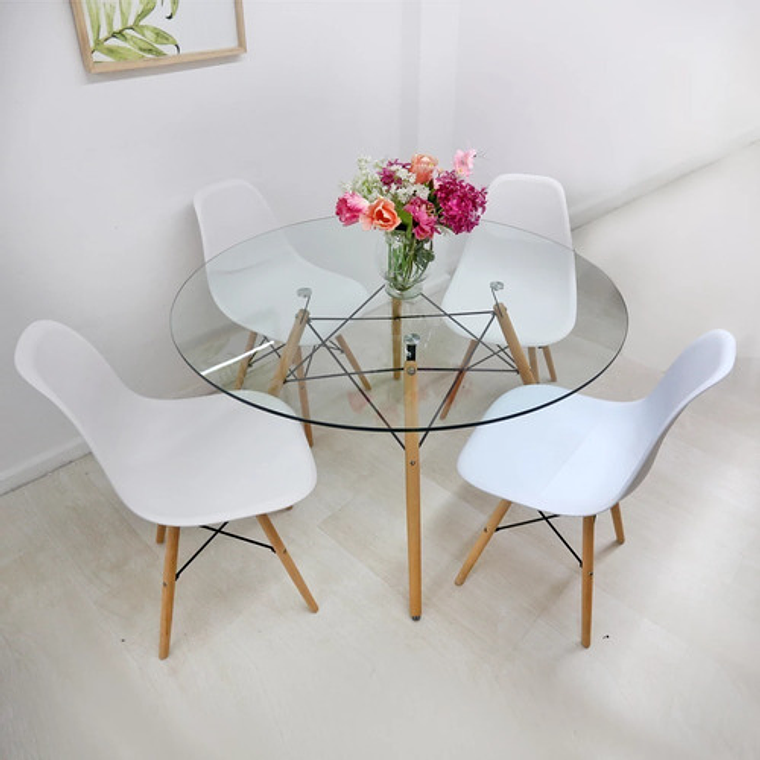 Comedor Málaga redondo vidrio 100 cm con 4 Sillas Eames 5