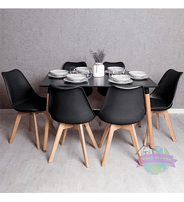 Comedor Bergen rectangular negro 120x80 cm y 6 Sillas Tulip Negras