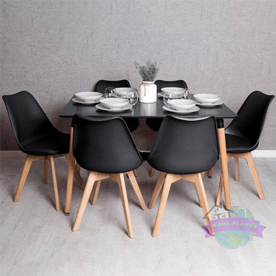 Comedor Bergen rectangular negro 120x80 cm y 6 Sillas Tulip Negras 1
