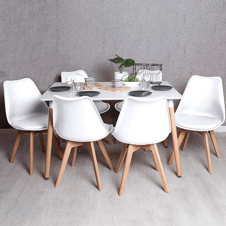 Comedor Atenas rectangular blanco 120x80 cm con 6 Sillas Tulip 1