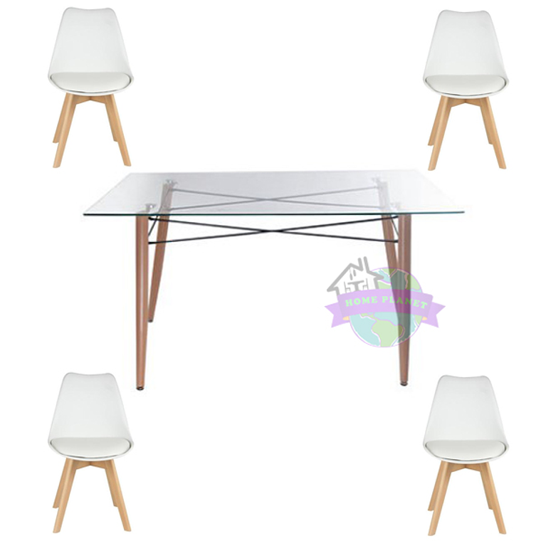 Comedor Grecia rectangular vidrio 140x90cm y 4 Sillas Tulip 2