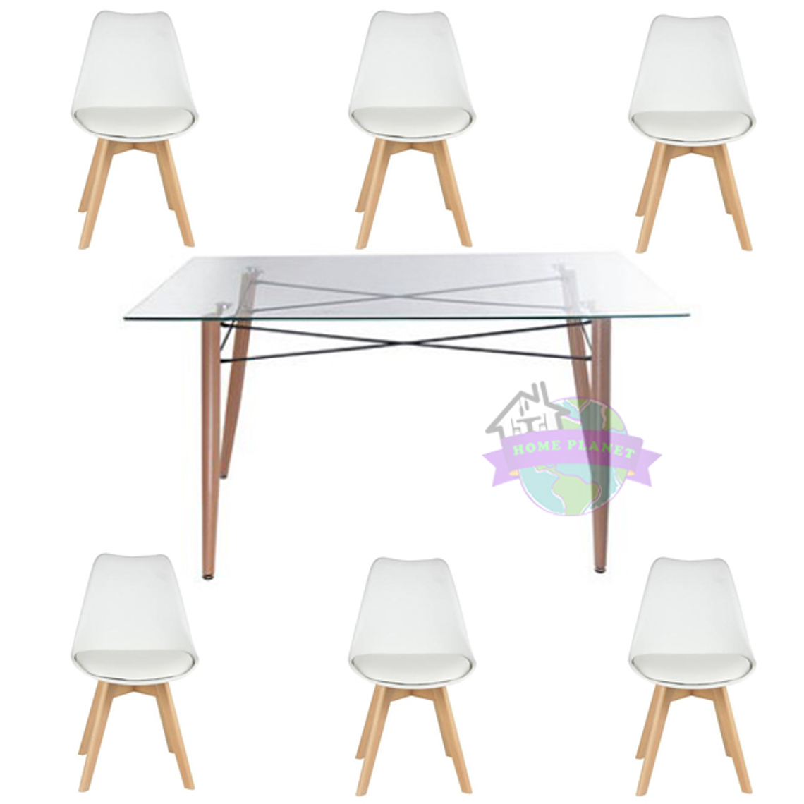 Comedor Grecia rectangular vidrio 140x90cm con 6 Sillas Tulip 2