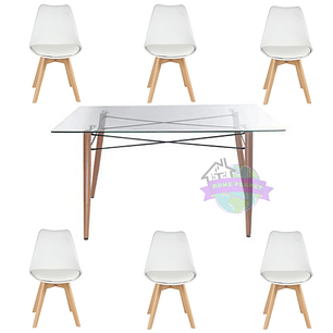 Comedor Grecia rectangular vidrio 140x90cm con 6 Sillas Tulip
