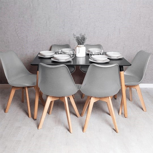 Comedor Mesa Eames rectangular negro 120x80 cm con 6 Sillas Tulip Gris