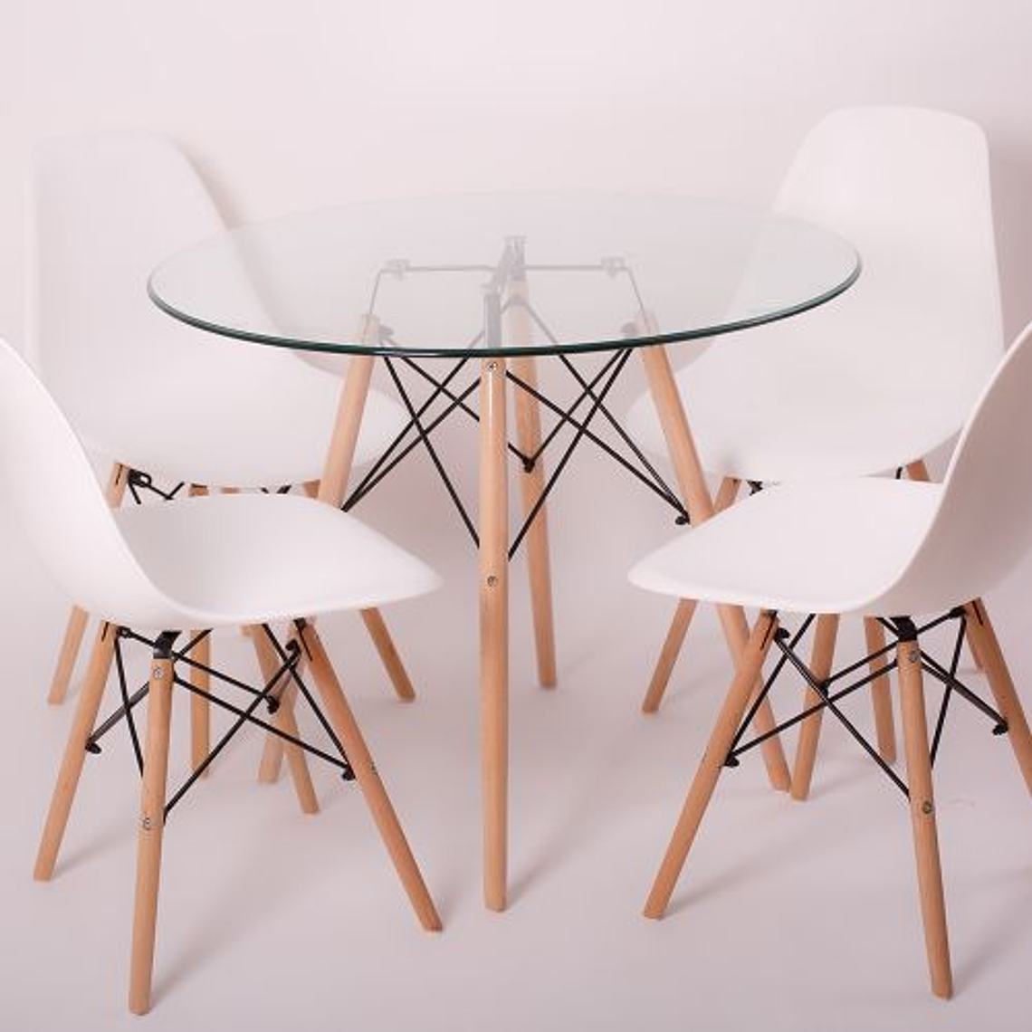 Comedor Málaga redondo vidrio 80 cm con 4 Sillas Eames 2