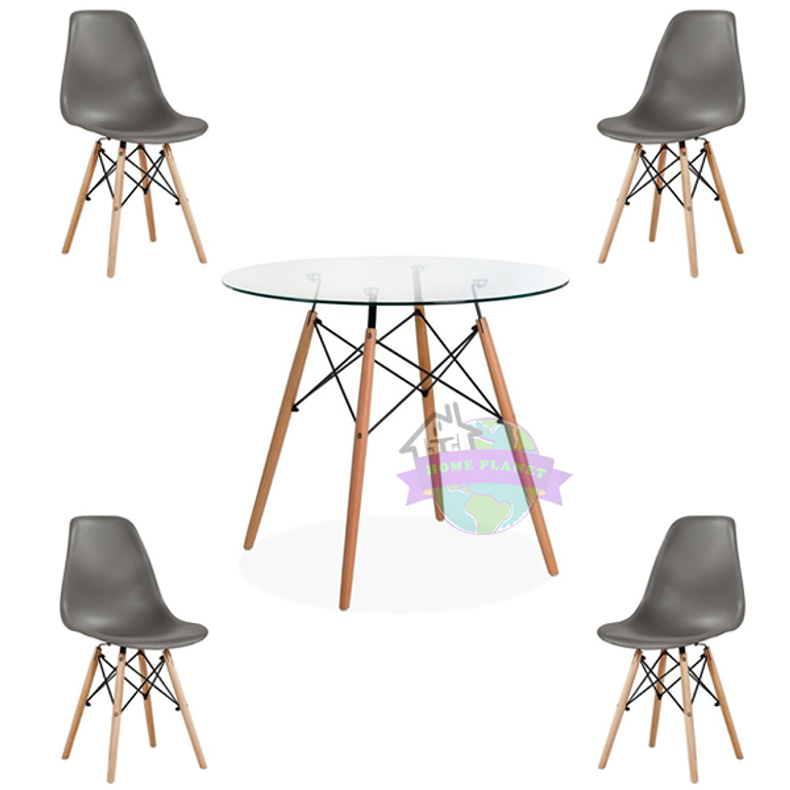 Comedor Málaga redondo vidrio 80 cm con 4 Sillas Eames 5