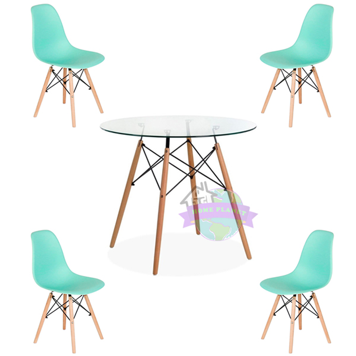 Comedor Málaga redondo vidrio 80 cm con 4 Sillas Eames 6