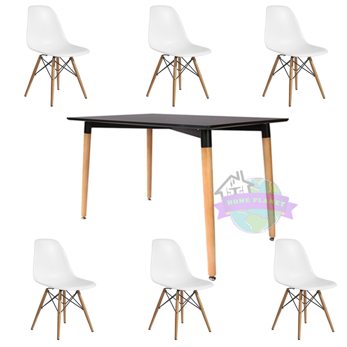 Comedor Helsinki rectangular negro y 6 Sillas Eames 3