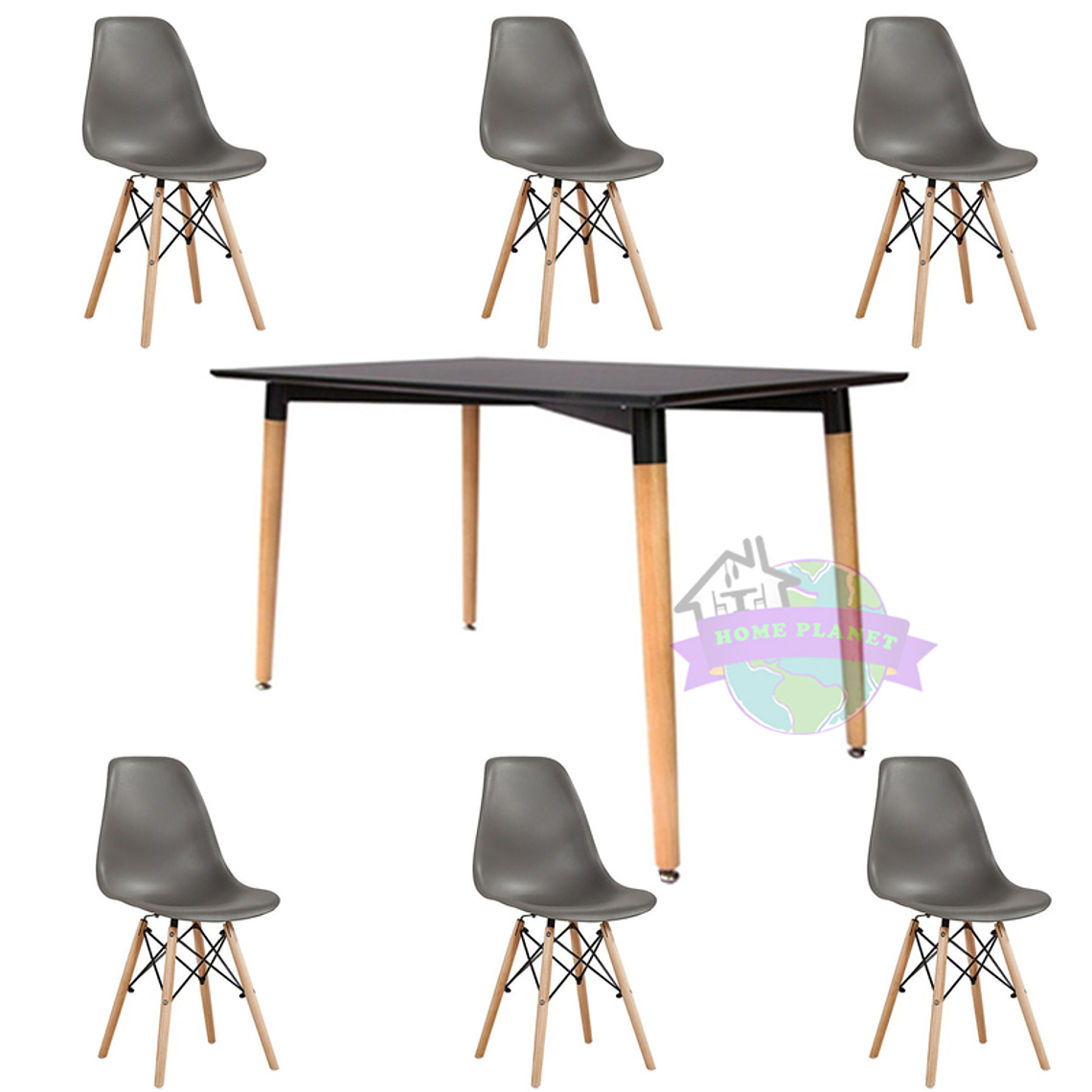 Comedor Helsinki rectangular negro y 6 Sillas Eames 4