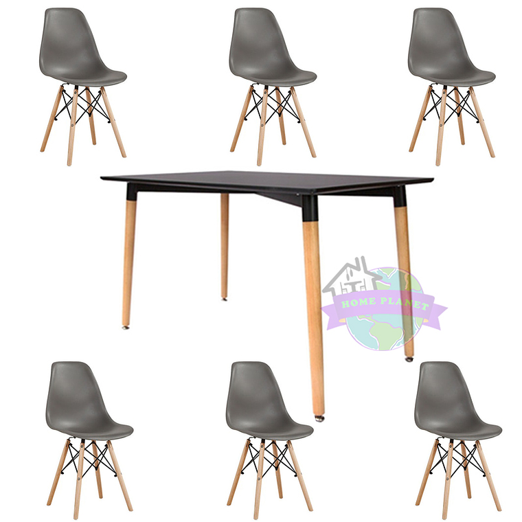 Comedor Helsinki rectangular negro y 6 Sillas Eames 4